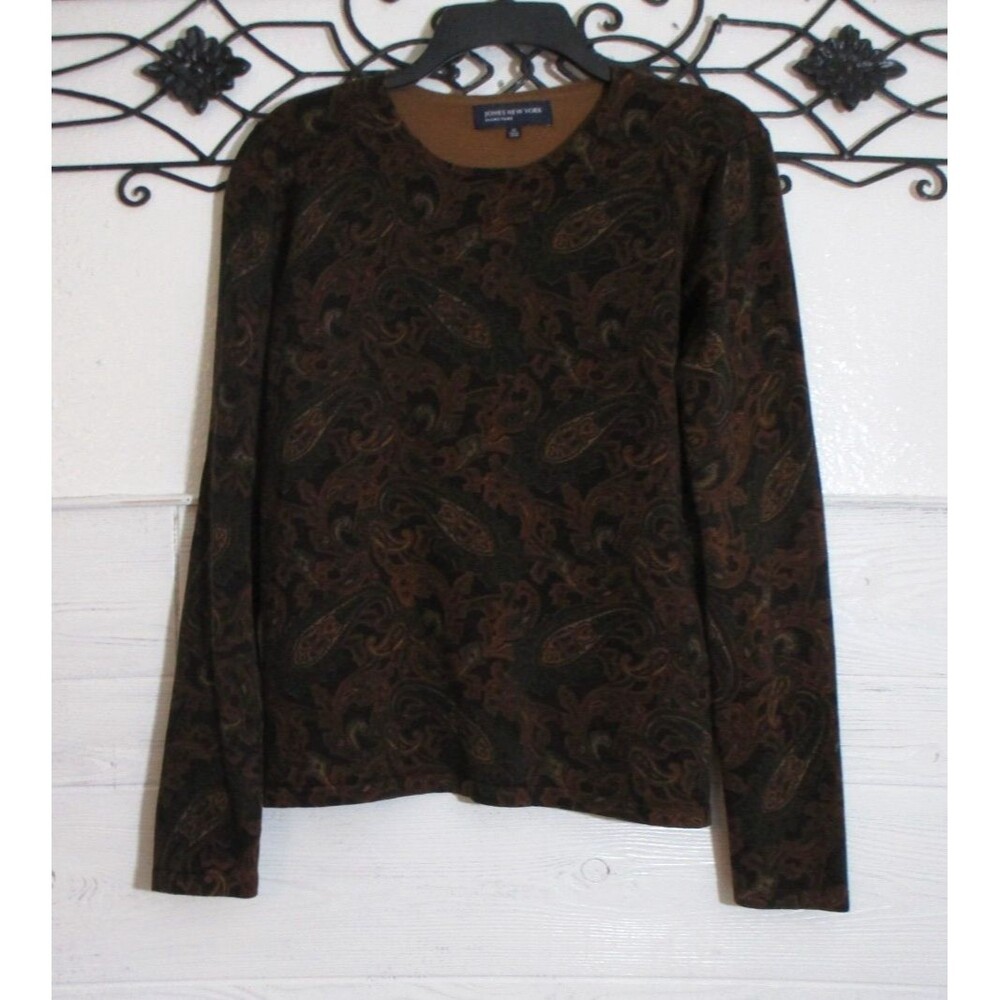 Jones New York Women's Knit Top Size M Long Sleeve Multicolor Paisley Round Neck